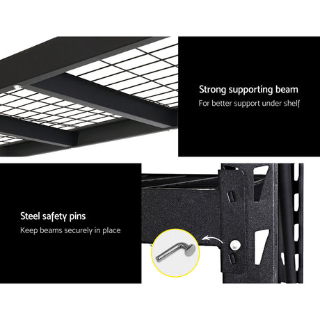 Heavy-duty steel shelving with safety pins and strong support beams for secure storage