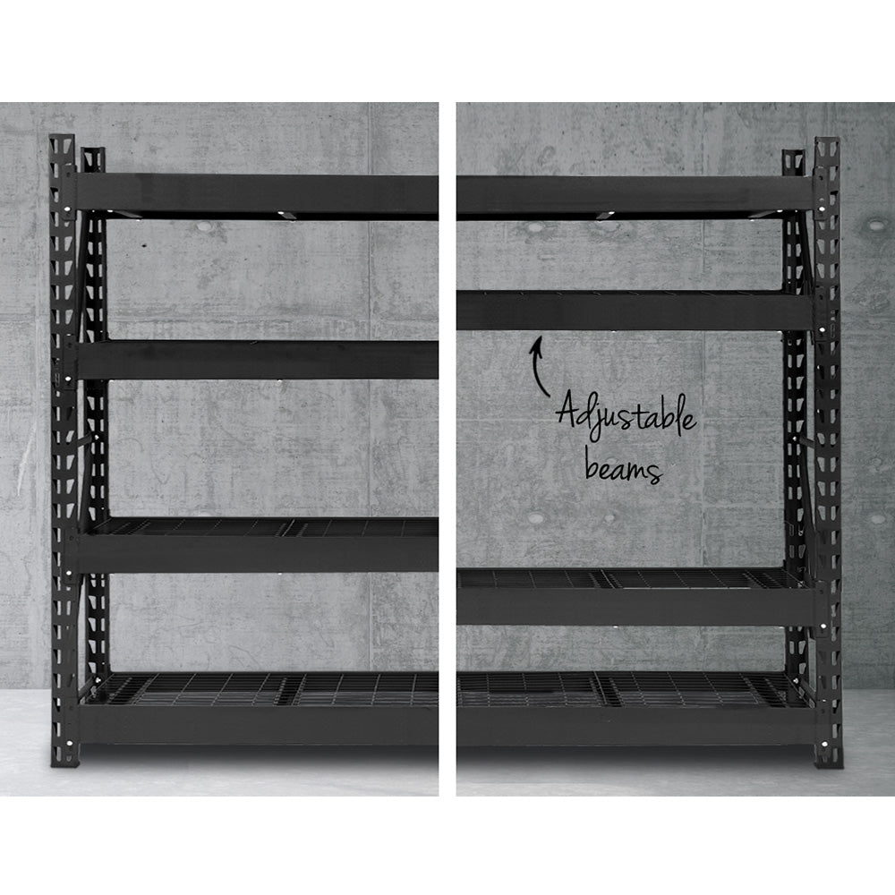 Heavy-duty metal shelving unit with adjustable beams for garage or warehouse storage