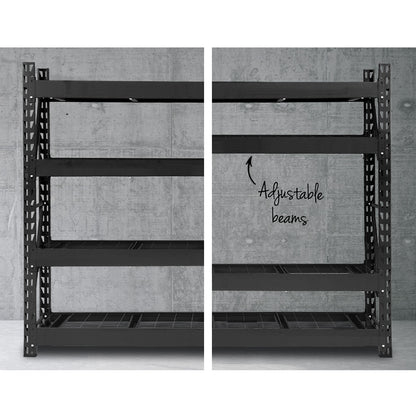 Heavy-duty metal shelving unit with adjustable beams for garage or warehouse storage