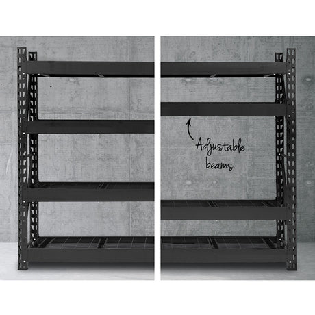 Heavy-duty metal shelving unit with adjustable beams for garage or warehouse storage