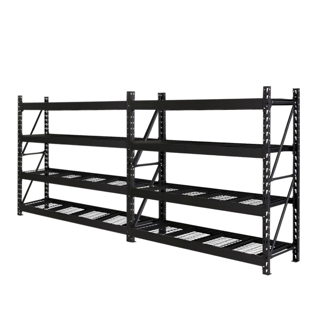 Heavy-duty black metal shelving unit with wire mesh shelves for garage or warehouse storage