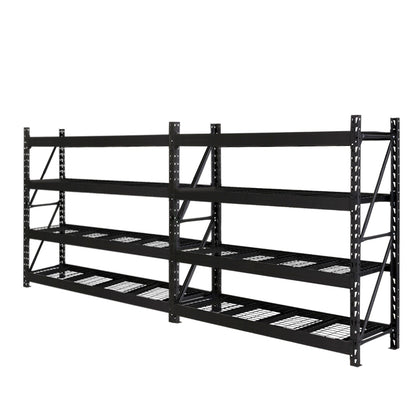Heavy-duty black metal shelving unit with wire mesh shelves for garage or warehouse storage
