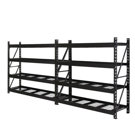 Heavy-duty black metal shelving unit with wire mesh shelves for garage or warehouse storage