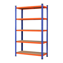 Heavy-duty metal shelving unit with blue uprights and orange shelves for garage or warehouse storage