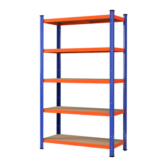Heavy-duty metal shelving unit with blue uprights and orange shelves for garage or warehouse storage