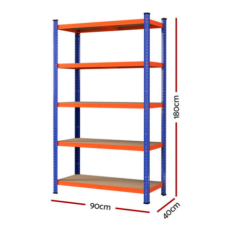 Heavy-duty metal shelving unit with 5 orange shelves, 180cm tall, 90cm wide, 40cm deep for garage or warehouse storage