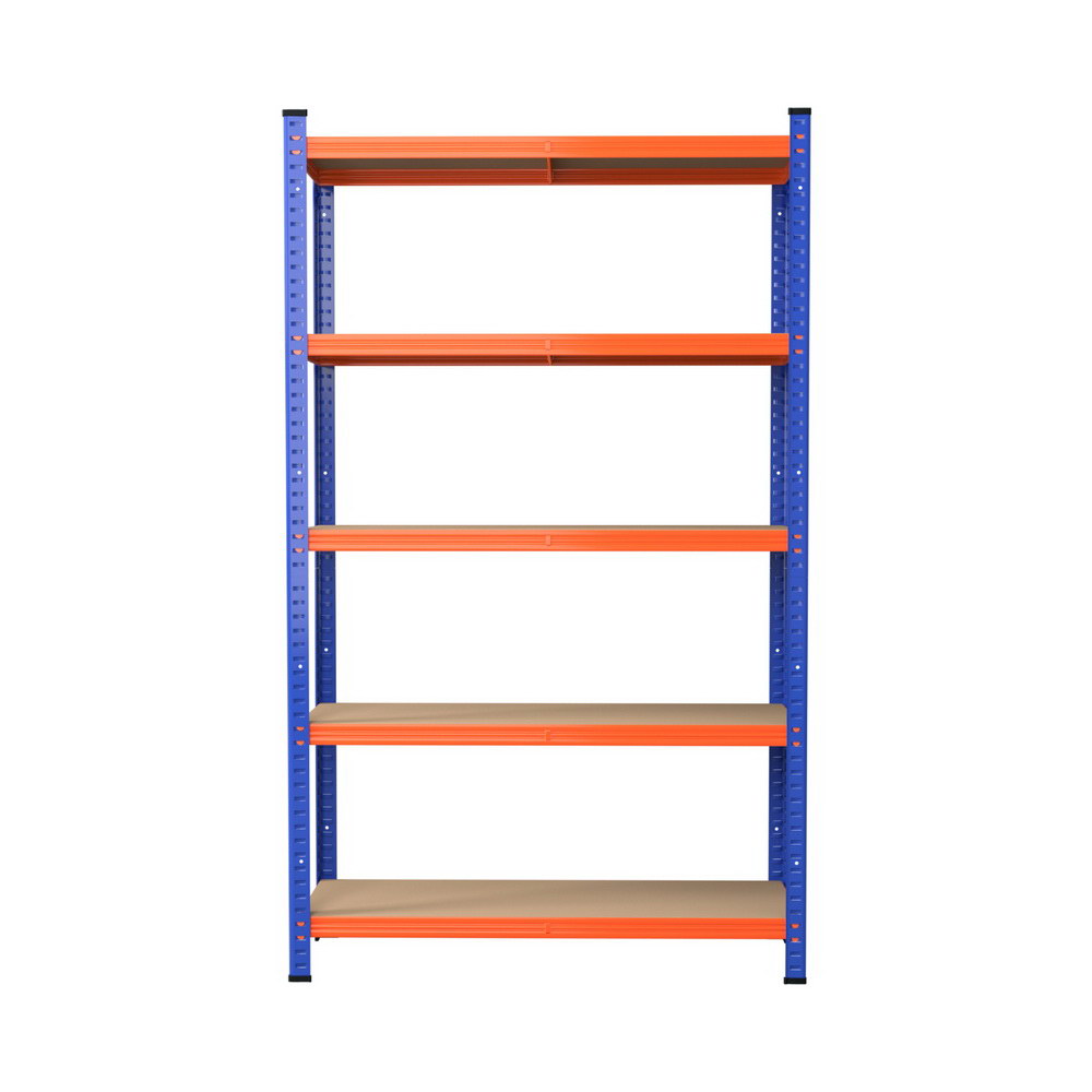 Heavy-duty blue frame shelving unit with 5 orange shelves for garage or warehouse storage