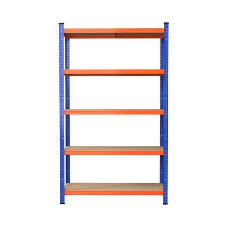 Heavy-duty blue frame shelving unit with 5 orange shelves for garage or warehouse storage