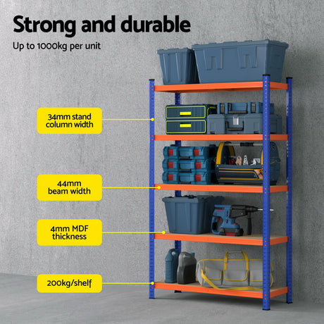 Heavy-duty storage shelving unit with blue bins and tools, strong and durable design