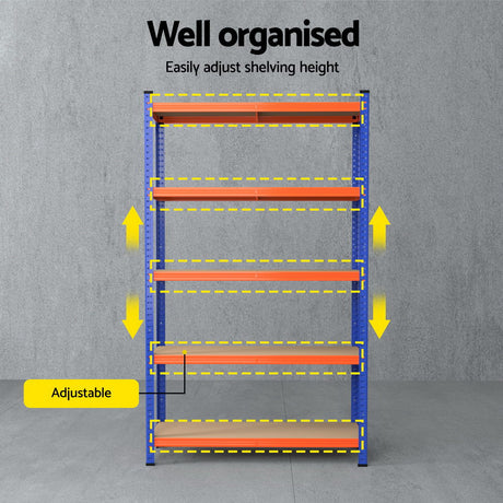 Adjustable metal shelving unit with orange shelves, blue frame, and height adjustment arrows for organized storage