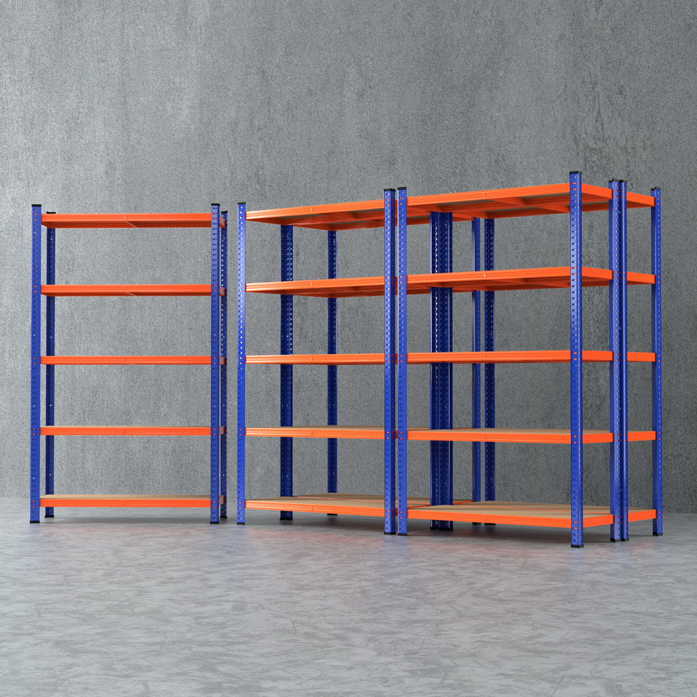 Blue and orange industrial shelving units for warehouse storage