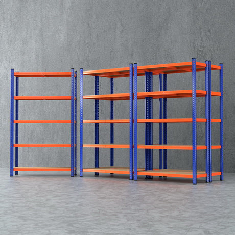 Blue and orange industrial shelving units for warehouse storage