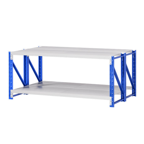 Blue heavy-duty metal shelving unit with two white shelves for garage or warehouse storage