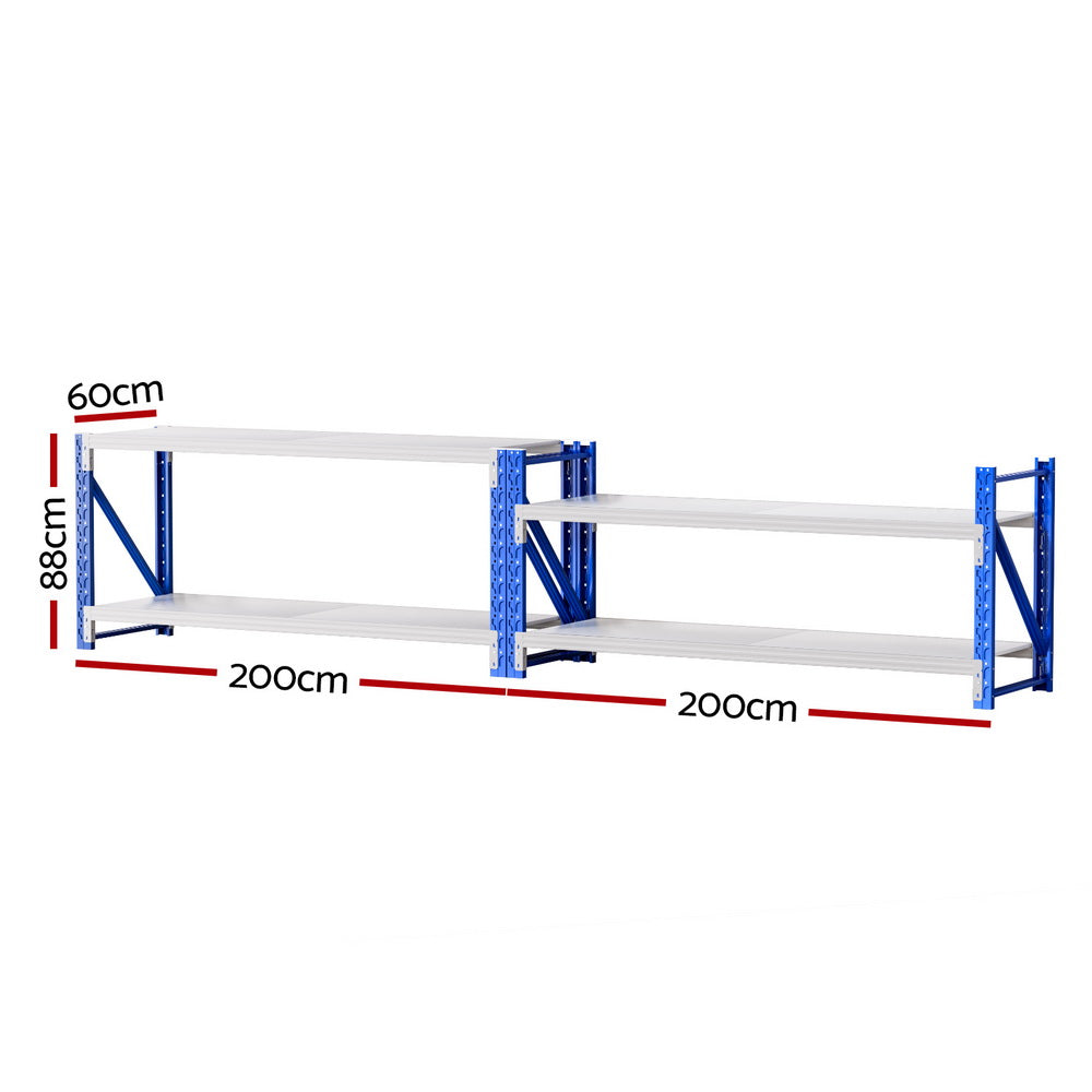 Heavy-duty metal shelving unit, 200cm wide x 88cm high, ideal for garage or warehouse storage