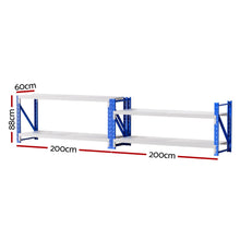 Heavy-duty metal shelving unit, 200cm wide x 88cm high, ideal for garage or warehouse storage