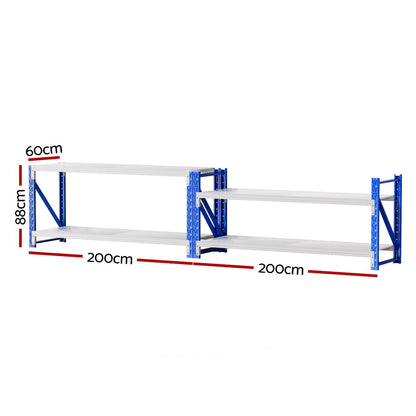 Heavy-duty metal shelving unit, 200cm wide x 88cm high, ideal for garage or warehouse storage