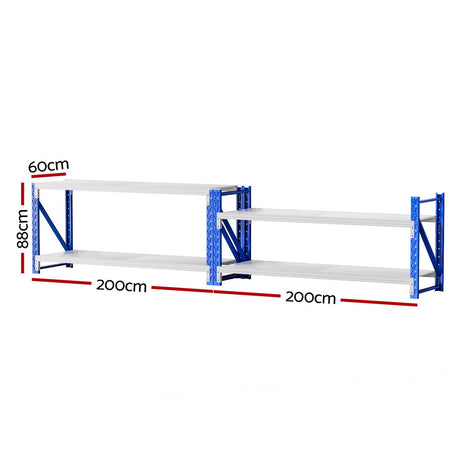 Heavy-duty metal shelving unit, 200cm wide x 88cm high, ideal for garage or warehouse storage