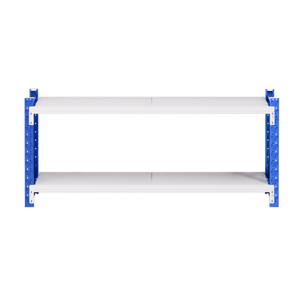 Blue metal shelving unit with white shelves for garage or warehouse storage