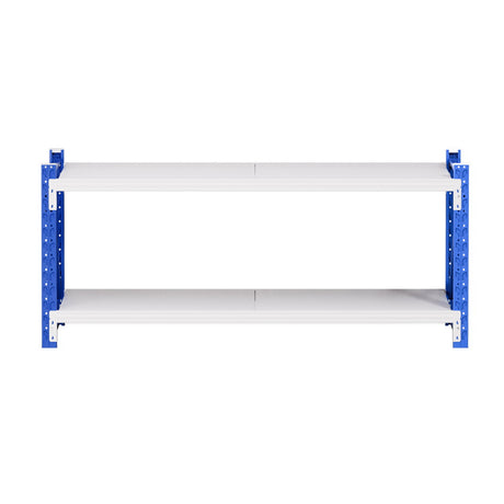 Blue metal shelving unit with white shelves for garage or warehouse storage