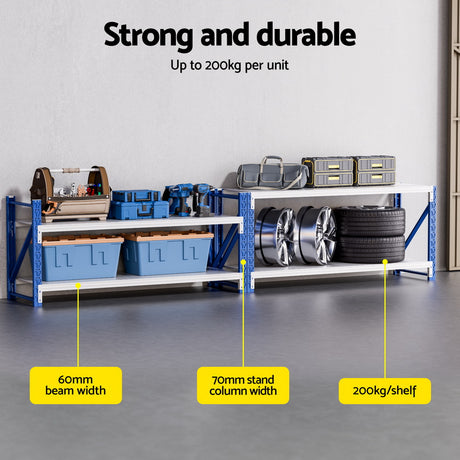 Strong durable shelving unit with 200kg capacity, holding tools, tires, and storage bins for garage organization.