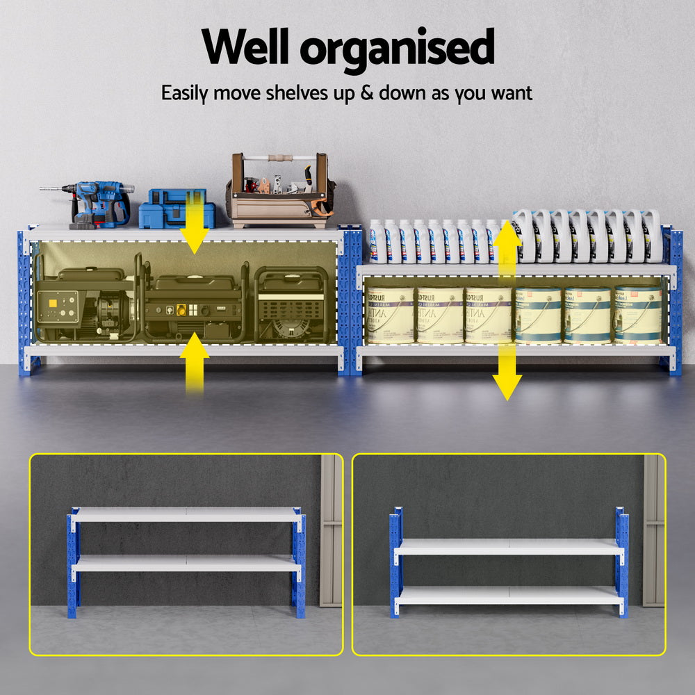 Adjustable shelving unit with tools, paint cans, and generators for organized storage