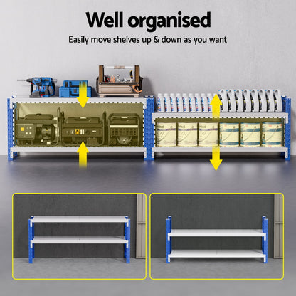 Adjustable shelving unit with tools, paint cans, and generators for organized storage