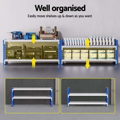 Adjustable shelving unit with tools, paint cans, and generators for organized storage