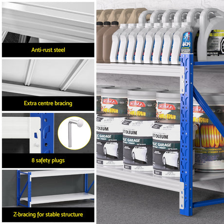 Heavy-duty steel shelving with anti-rust finish, safety plugs, and Z-bracing for stable storage