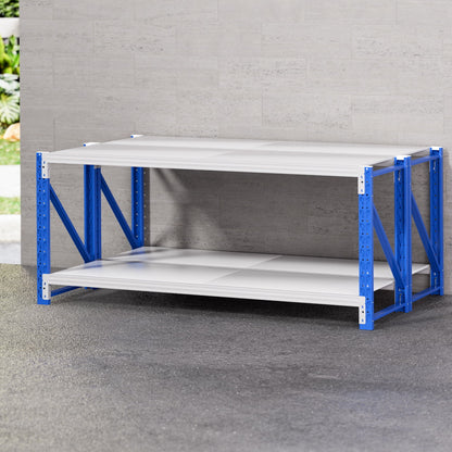 Blue metal shelving unit with white shelves for storage and organization