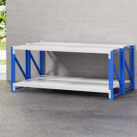 Blue metal shelving unit with white shelves for storage and organization