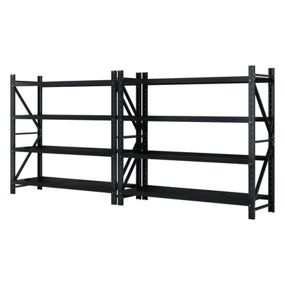 Heavy-duty black metal shelving unit for garage or warehouse storage, adjustable shelves, sturdy frame