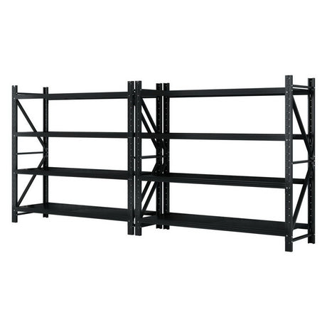 Heavy-duty black metal shelving unit for garage or warehouse storage, adjustable shelves, sturdy frame