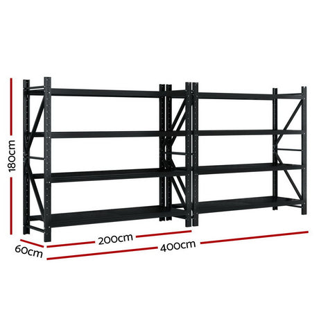 Heavy-duty black metal shelving unit, 180cm high, 400cm wide, ideal for garage or warehouse storage.