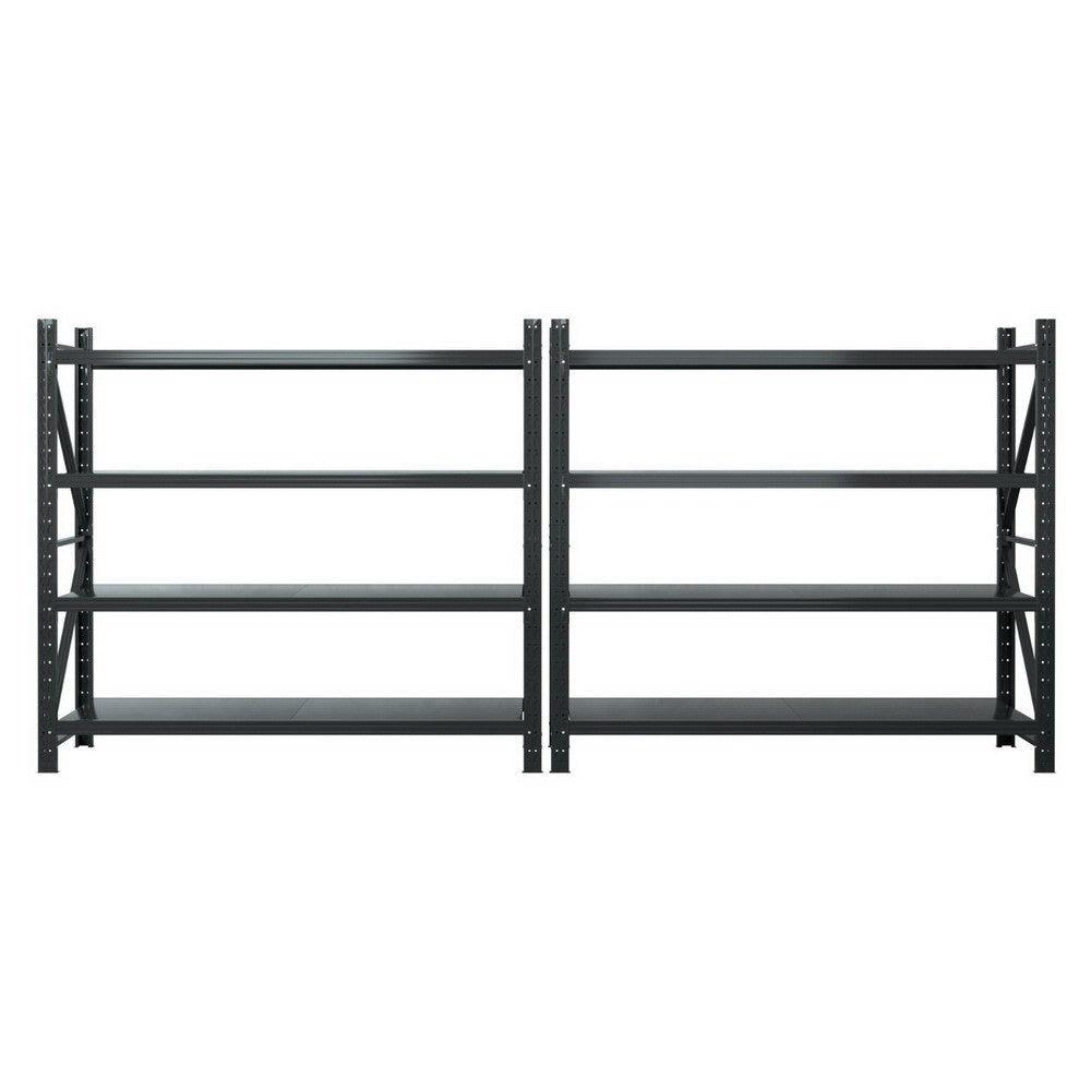 Black heavy-duty metal shelving unit with adjustable shelves for garage or warehouse storage