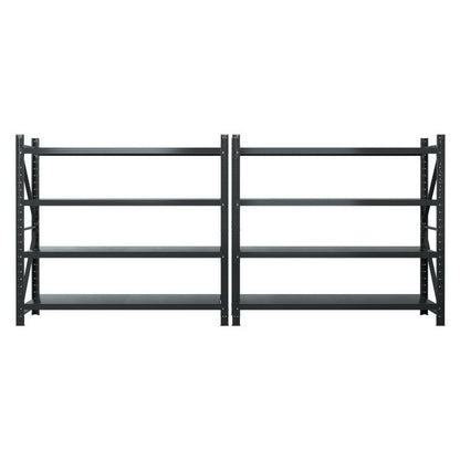 Black heavy-duty metal shelving unit with adjustable shelves for garage or warehouse storage