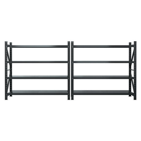 Black heavy-duty metal shelving unit with adjustable shelves for garage or warehouse storage