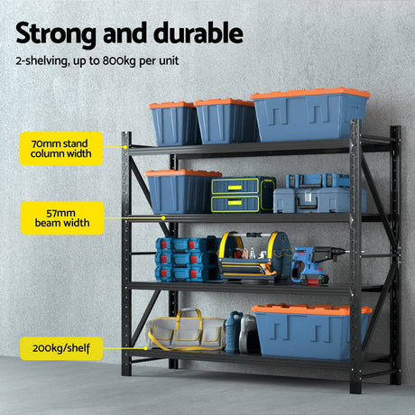 Heavy-duty metal shelving unit with storage bins and tools, ideal for garage organization
