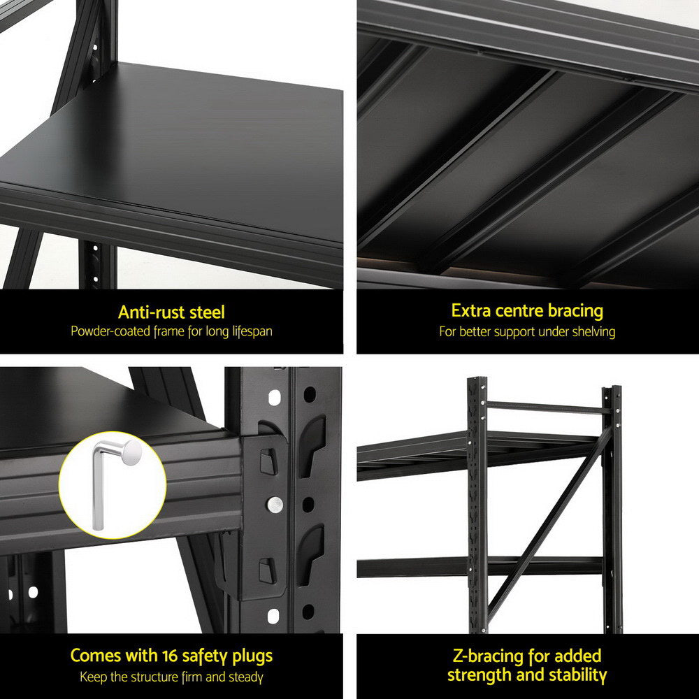 Heavy-duty steel shelving with anti-rust coating, Z-bracing, and safety plugs for stability
