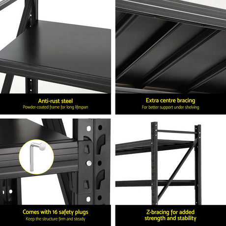Heavy-duty steel shelving with anti-rust coating, Z-bracing, and safety plugs for stability