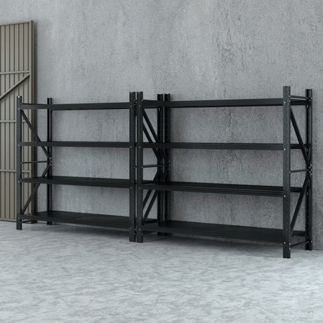 Heavy-duty black metal shelving unit for garage or warehouse storage, adjustable shelves, industrial design
