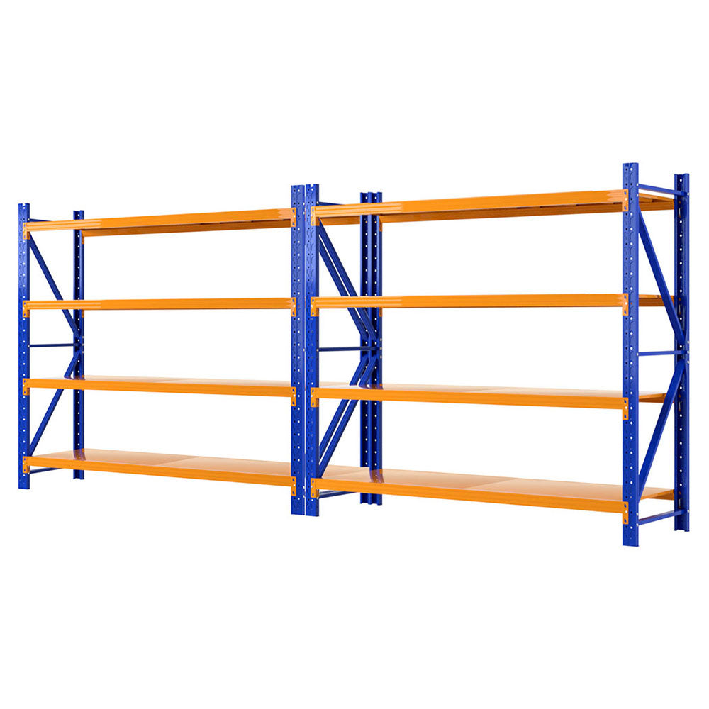 Heavy-duty blue and orange industrial shelving unit for warehouse storage and organization