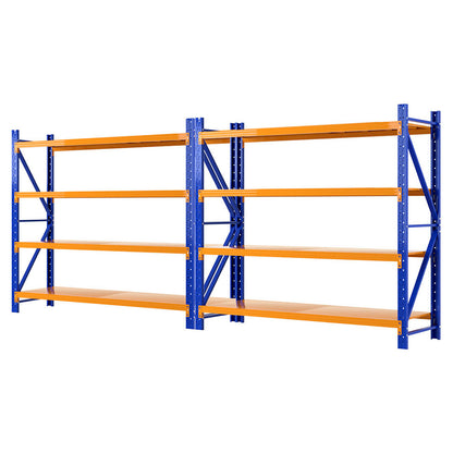 Heavy-duty blue and orange industrial shelving unit for warehouse storage and organization