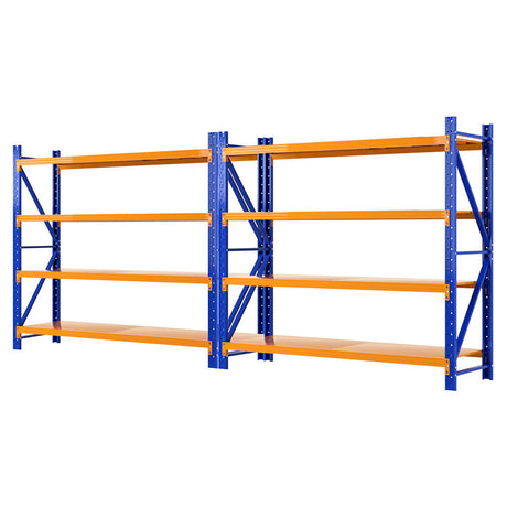 Heavy-duty blue and orange industrial shelving unit for warehouse storage and organization