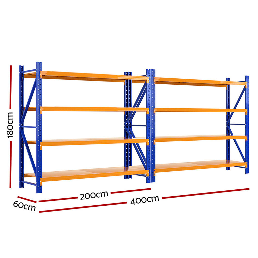 Heavy-duty blue and orange industrial shelving unit, 180cm high, 400cm long, ideal for warehouse storage