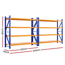 Heavy-duty blue and orange industrial shelving unit, 180cm high, 400cm long, ideal for warehouse storage