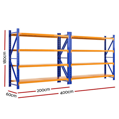 Heavy-duty blue and orange industrial shelving unit, 180cm high, 400cm long, ideal for warehouse storage