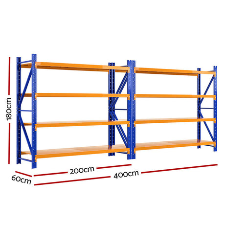 Heavy-duty blue and orange industrial shelving unit, 180cm high, 400cm long, ideal for warehouse storage