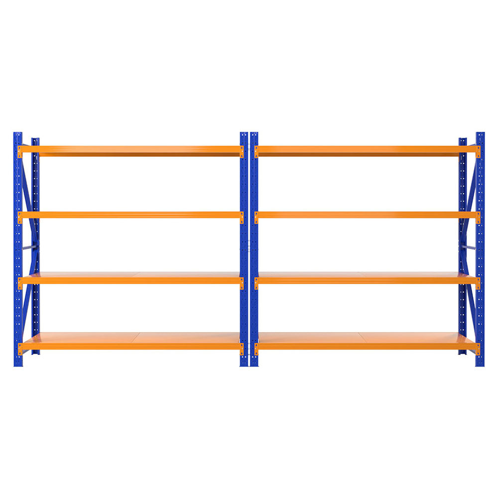 Heavy-duty metal shelving unit with blue uprights and orange shelves for garage or warehouse storage