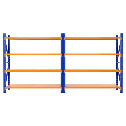 Heavy-duty metal shelving unit with blue uprights and orange shelves for garage or warehouse storage