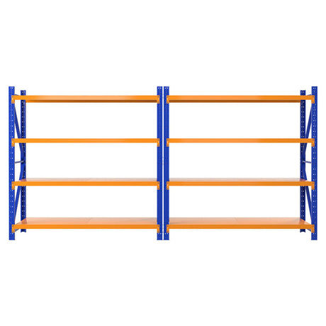 Heavy-duty metal shelving unit with blue uprights and orange shelves for garage or warehouse storage